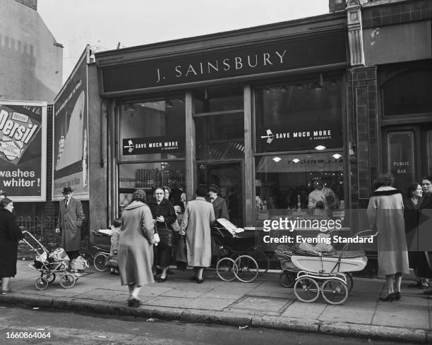 Exterior view of J Sainsbury's grocery store in Hoxton, London, November 18th 1958.