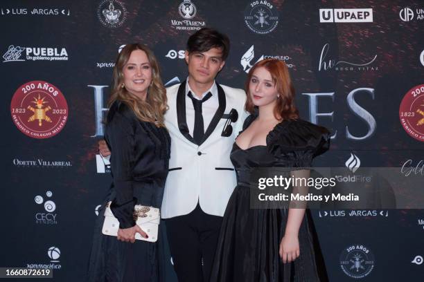 Andrea Legarreta, Alessio Valentini and Nina Rubin pose for a photo during the Red Carpet of `Heroes´movie premiere at Castillo de Chapultepec on...