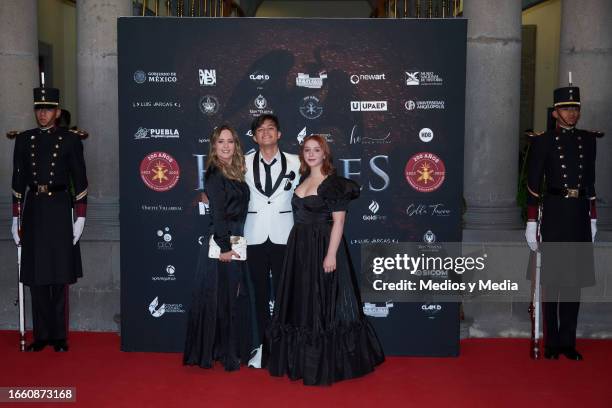 Andrea Legarreta, Alessio Valentini and Nina Rubin pose for a photo during the Red Carpet of `Heroes´movie premiere at Castillo de Chapultepec on...