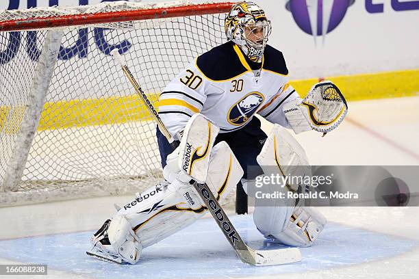 Goaltender Ryan Miller of the Buffalo Sabres warms up before a NHL game against the Florida Panthers at the BB&T Center on March 28, 2013 in Sunrise,...