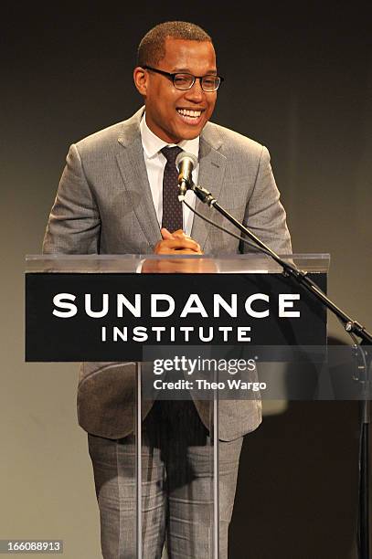 Playwright Branden Jacobs-Jenkins accepts the Tennessee Williams awards onstage at the Celebrate Sundance Institute benefit for its Theatre Program,...