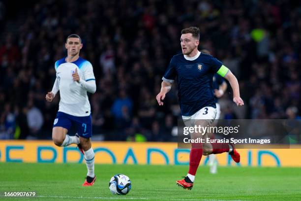 Andy Robertson on the ball during 150th Anniversary Heritage Match between Scotland and England at Hampden Park on September 12, 2023 in Glasgow,...