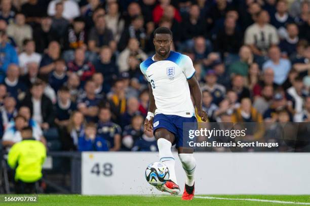 Marc Guéhi passes the ball during 150th Anniversary Heritage Match between Scotland and England at Hampden Park on September 12, 2023 in Glasgow,...