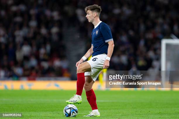 Kieran Tierney on the ball during 150th Anniversary Heritage Match between Scotland and England at Hampden Park on September 12, 2023 in Glasgow,...