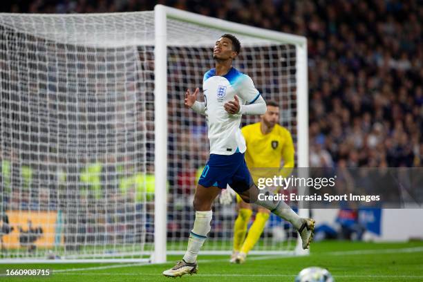 Jude Bellingham reacts after missing a chance during 150th Anniversary Heritage Match between Scotland and England at Hampden Park on September 12,...