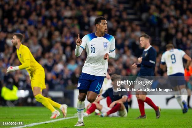 Jude Bellingham celebrates after England score during 150th Anniversary Heritage Match between Scotland and England at Hampden Park on September 12,...
