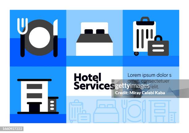 hoteldienstleistungen linien-icon-set und bannerdesign. - salon reception stock-grafiken, -clipart, -cartoons und -symbole