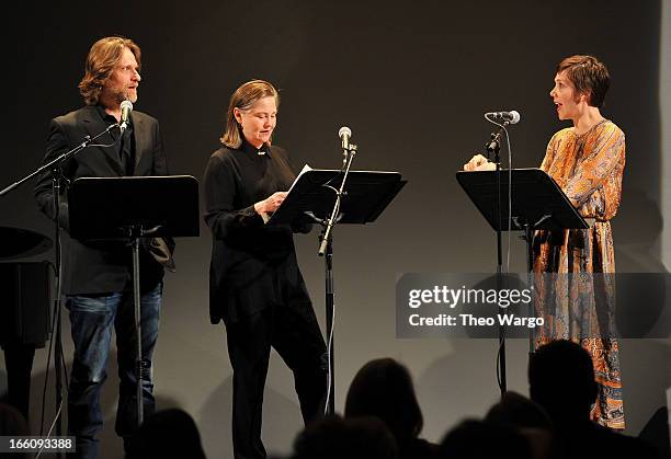 Actors Michael Laurence, Cherry Jones and Maggie Gyllenhaal perform onstage at the Celebrate Sundance Institute benefit for its Theatre Program,...