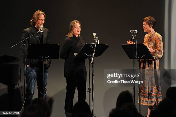 Actors Michael Laurence, Cherry Jones and Maggie Gyllenhaal perform onstage at the Celebrate Sundance Institute benefit for its Theatre Program,...