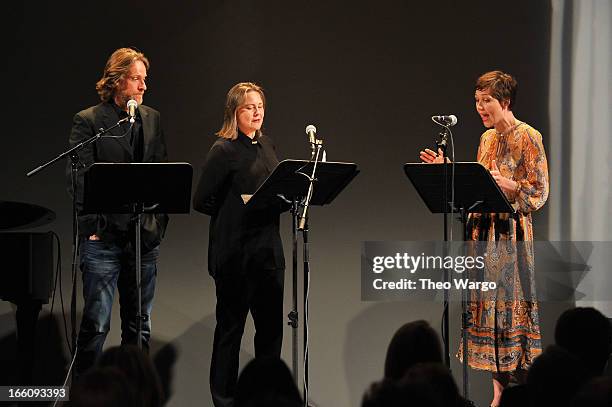 Actors Michael Laurence, Cherry Jones and Maggie Gyllenhaal perform onstage at the Celebrate Sundance Institute benefit for its Theatre Program,...