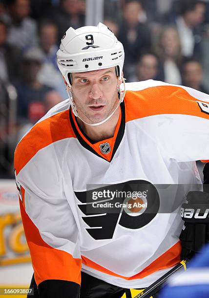 Mike Knuble of the Philadelphia Flyers looks on during a break in NHL game action against the Toronto Maple Leafs April 4, 2013 at the Air Canada...