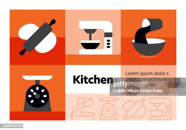 kitchen line icon set and banner design. - boiling kettle stock illustrations