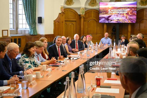 Labour Party leader Keir Starmer addresses members of his Shadow Cabinet on September 05, 2023 in London, England. In yesterday's re-shuffle, Lisa...