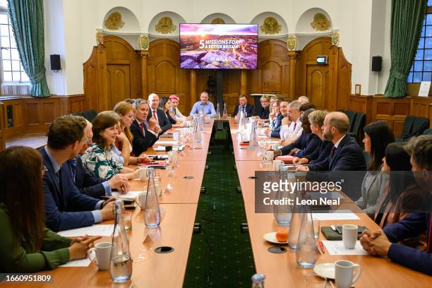 Labour Party leader Keir Starmer addresses members of his Shadow Cabinet on September 05, 2023 in London, England. In yesterday's re-shuffle, Lisa...