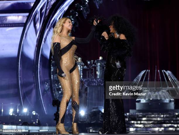 Beyoncé and Diana Ross perform onstage during the "RENAISSANCE WORLD TOUR" at SoFi Stadium on September 04, 2023 in Inglewood, California.