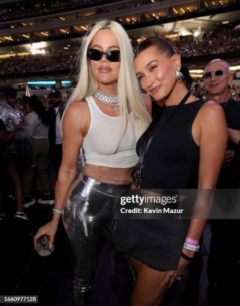 Khloé Kardashian and Hailey Bieber attend the "RENAISSANCE WORLD TOUR" at SoFi Stadium on September 04, 2023 in Inglewood, California.