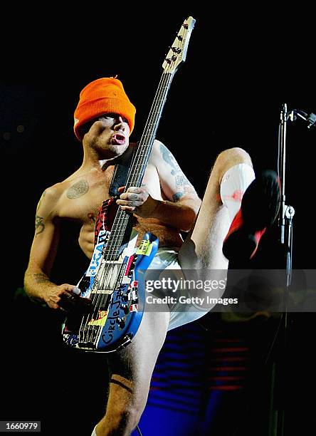 Michael Balzary, known as "Flea," of the rock group the Red Hot Chili Peppers, performs at the Brisbane Entertainment Centre November 26, 2002 in...