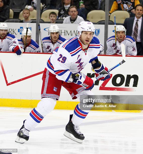 Ryane Clowe of the New York Rangers skates against the Pittsburgh Penguins during the game at Consol Energy Center on April 5, 2013 in Pittsburgh,...