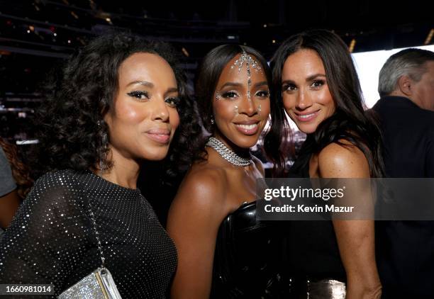 Kerry Washington, Kelly Rowland and Meghan, Duchess of Sussex, attend the "RENAISSANCE WORLD TOUR" at SoFi Stadium on September 04, 2023 in...