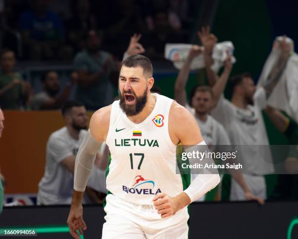Jonas Valančiūnas of Lithuania during the FIBA Basketball World Cup quarter final game between Lithuania and Serbia at Mall of Asia Arena on...