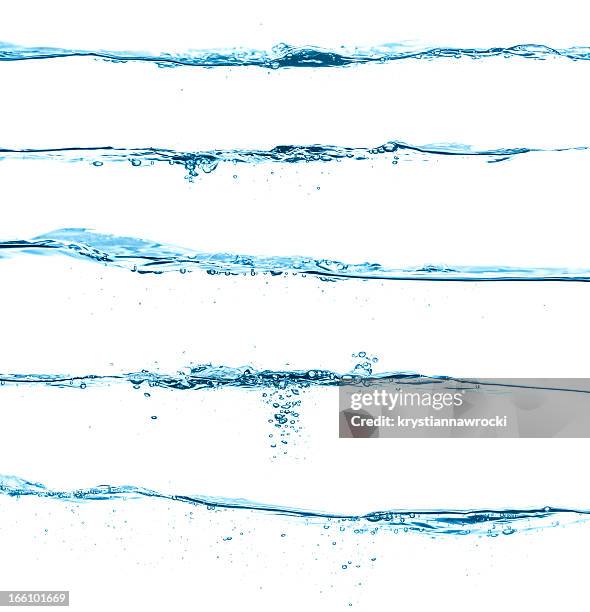 five different blue water surfaces isolated on white - water splash white background stockfoto's en -beelden