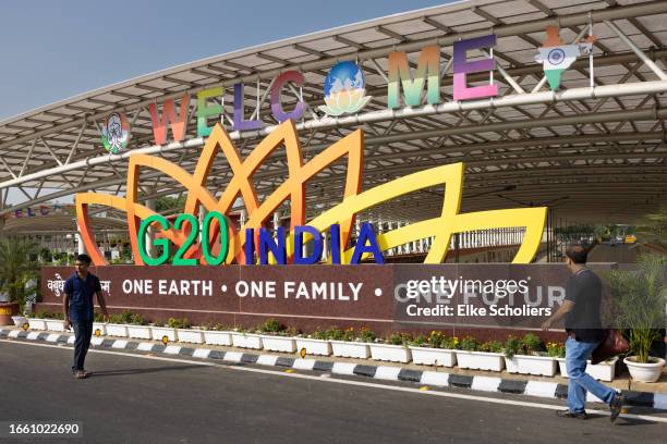 Signage welcomes foreign and national visitors on September 05, 2023 in Delhi, India. The 18th G20 Summit will take place September 9 - 10, 2023.