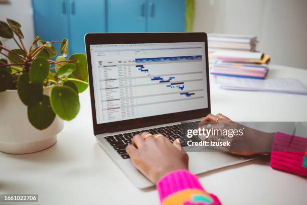 managerin, die am laptop arbeitet - project management process flow chart stock-fotos und bilder