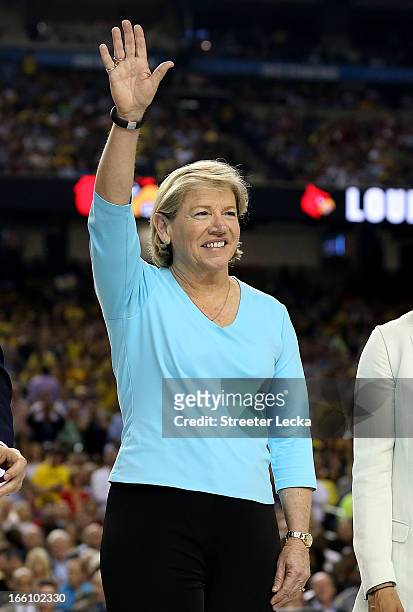 Sylvia Hatchell stands on the court as the Naismith Memorial Basketball Hall of Fame 2013 Class Announcement is made during the 2013 NCAA Men's Final...