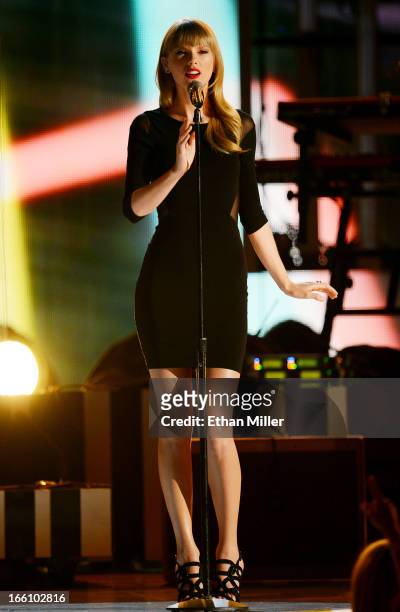 Singer Taylor Swift performs onstage during Tim McGraw's Superstar Summer Night presented by the Academy of Country Music at the MGM Grand Garden...