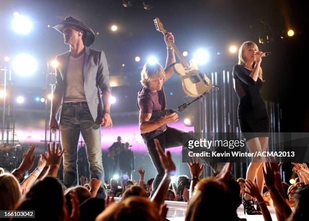 Musicians Tim McGraw, Keith Urban, and singer Taylor Swift perform onstage during Tim McGraw's Superstar Summer Night presented by the Academy of...