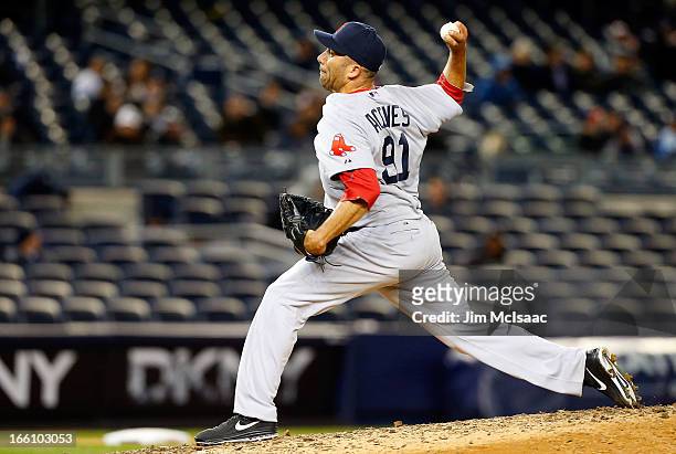 Alfredo Aceves of the Boston Red Sox in action against the New York Yankees at Yankee Stadium on April 3, 2013 in the Bronx borough of New York City....