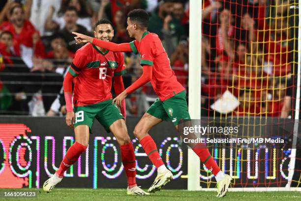 Azzedine Ounahi of Morocco celebrates with Youssef En Nesyri after scoring goal during the Internacional Friendly match between Morocco and Burkina...