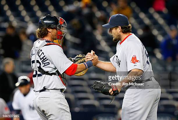 Joel Hanrahan Jarrod Saltalamacchia of the Boston Red Sox celebrate after defeating the New York Yankees at Yankee Stadium on April 3, 2013 in the...