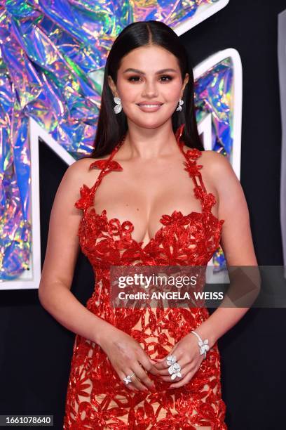 Singer and actress Selena Gomez arrives for the MTV Video Music Awards at the Prudential Center in Newark, New Jersey, on September 12, 2023.