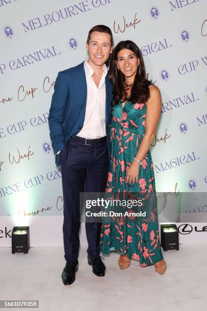 Tom Waterhouse and Hoda Waterhouse attend the 2023 Melbourne Cup Carnival Showcase on September 05, 2023 in Sydney, Australia.