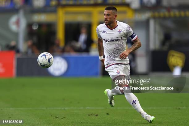 Cristiano Biraghi of ACF Fiorentina in action during the Serie A TIM match between FC Internazionale and ACF Fiorentina at Stadio Giuseppe Meazza on...