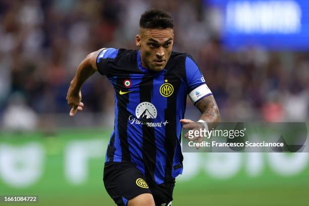 Lautaro Martinez of FC Internazionale celebrates after scoring his side's second goal of the match during the Serie A TIM match between FC...