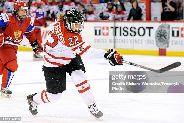 Hayley Wickenheiser of Team Canada shoots the puck during the IIHF Women's World Championship Semi-Final game against Team Russia at Scotiabank Place...