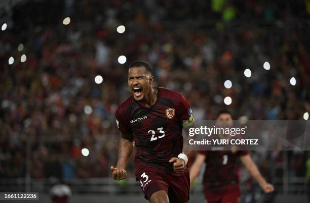 Venezuela's forward Salomon Rondon celebrates scoring his team's first goal during the 2026 FIFA World Cup South American qualifiers football match...