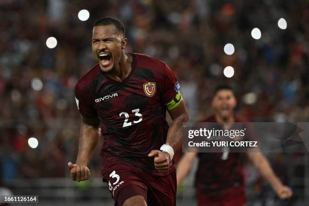 Venezuela's forward Salomon Rondon celebrates scoring his team's first goal during the 2026 FIFA World Cup South American qualifiers football match...