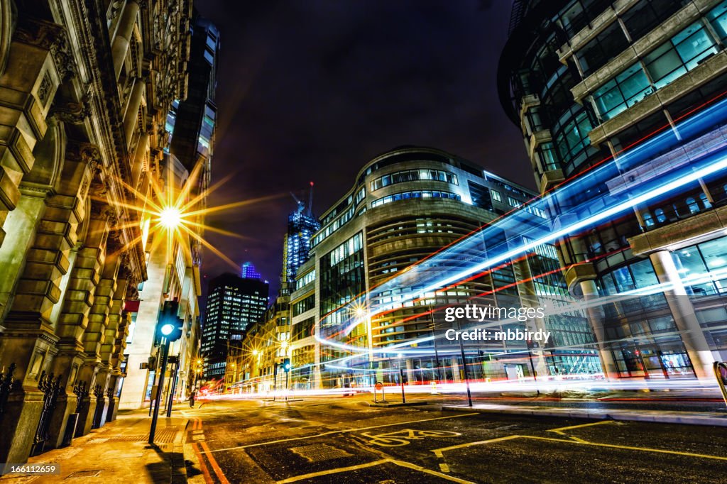 Light trails in City of London at night