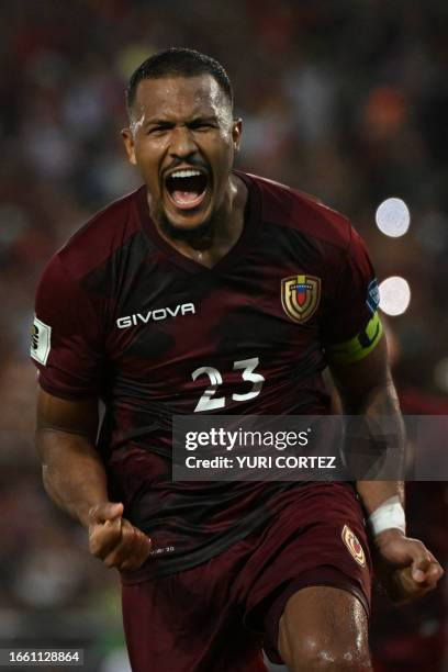 Venezuela's forward Salomon Rondon celebrates scoring his team's first goal during the 2026 FIFA World Cup South American qualifiers football match...