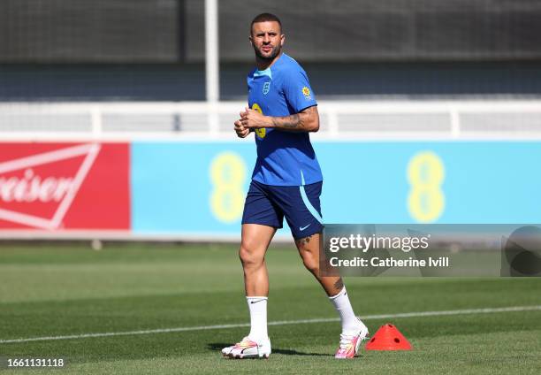 Kyle Walker of England looks on during a training session at St Georges Park on September 05, 2023 in Burton-upon-Trent, England.