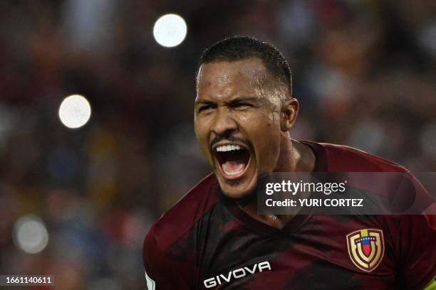 Venezuela's forward Salomon Rondon celebrates after scoring his team's first goal from the penalty spot during the 2026 FIFA World Cup South American...