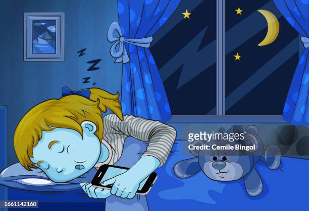 sleeping with smart phone - child asleep in bedroom at night stock illustrations