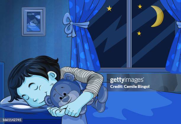ilustraciones, imágenes clip art, dibujos animados e iconos de stock de niño dormido con oso de peluche - osito de peluche