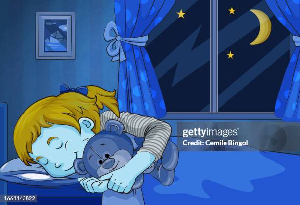 sleeping girl with teddy bear - child asleep in bedroom at night stock illustrations