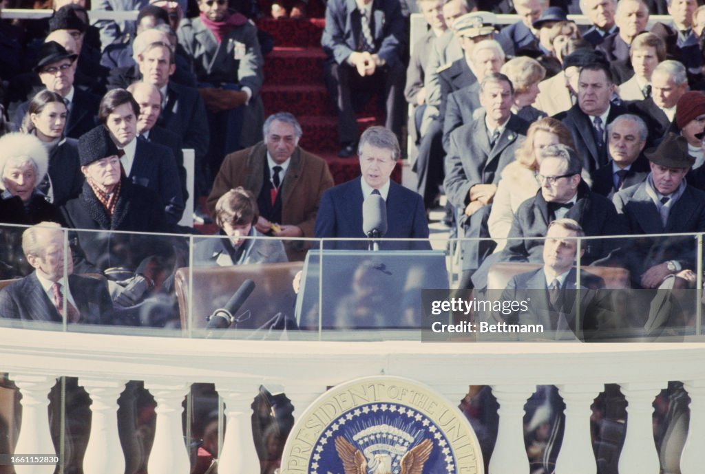 US President Jimmy Carter delivering his inaugural address at the US ...