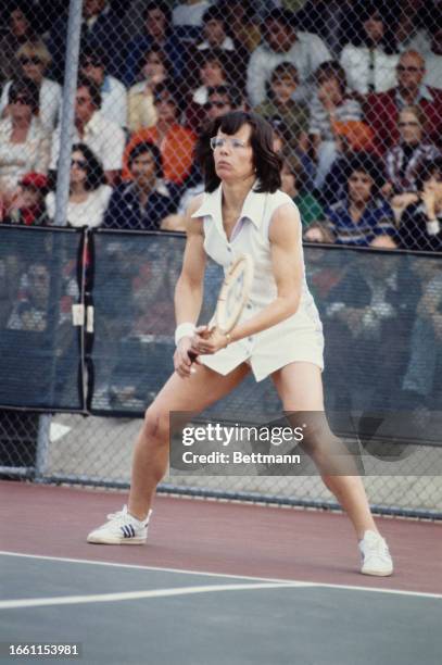 Billie Jean King competing in the Lionel Cup tournament in San Antonio, Texas, April 14th 1977.