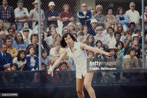 Billie Jean King competing in the Lionel Cup tournament in San Antonio, Texas, April 14th 1977.
